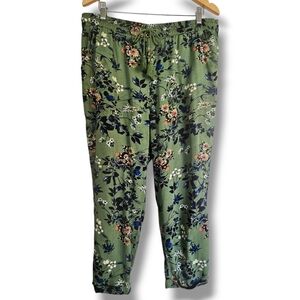 Vintage American Pants Womens Size L Green Floral Elastic Tie Waist Flowy Ankle